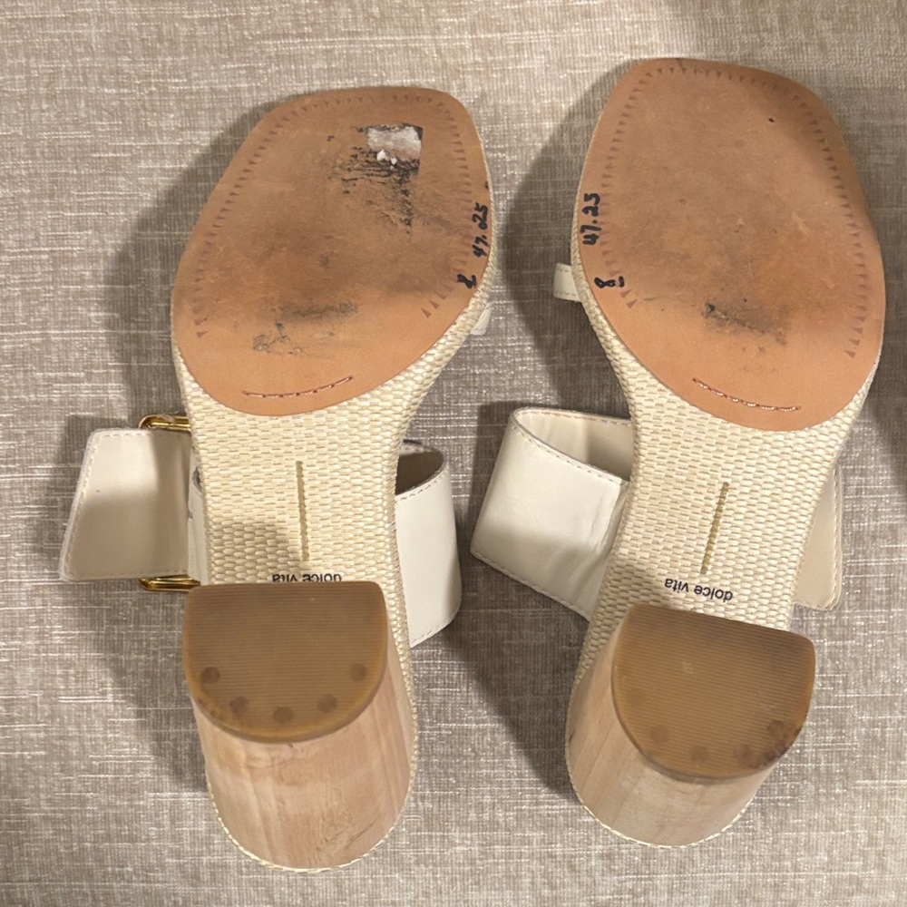 Vince Camuto Cream Block Heel Sandals with Gold Buckle - Picture 3 of 5